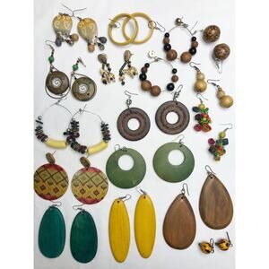 Vintage 16 Pair Boho Festival Wood Bronze Estate Mix Jewelry Earring Lot Bundle